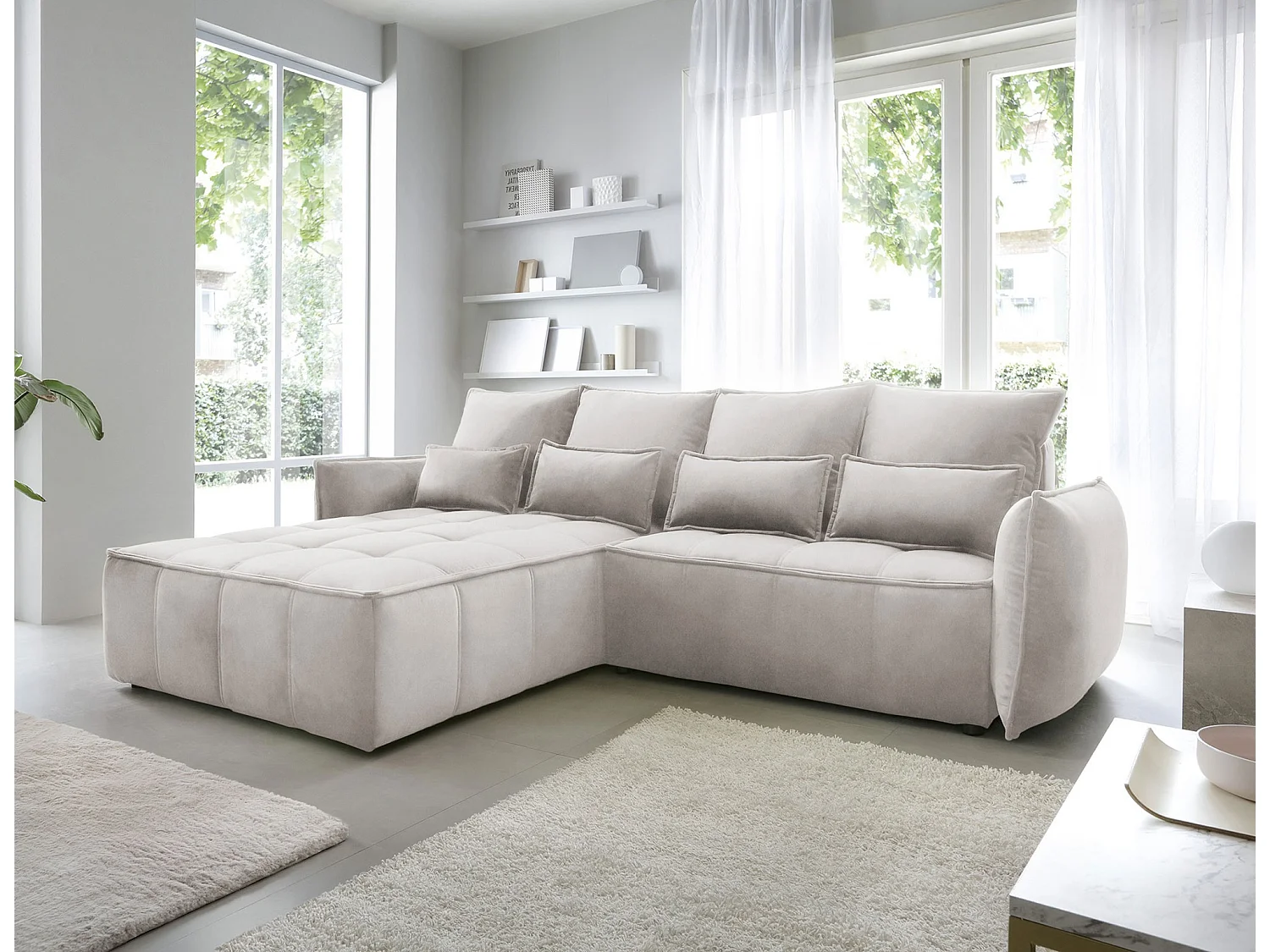 Canapé d’angle convertible 4 places KAMPUS en tissu effet cuir avec coffre de rangement – 265cm-Beige clair-angle gauche