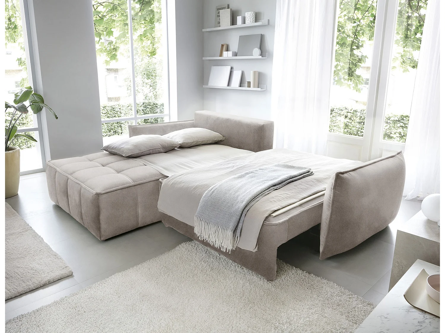 Canapé d’angle convertible 4 places KAMPUS en tissu effet cuir avec coffre de rangement – 265cm-Beige clair-angle gauche