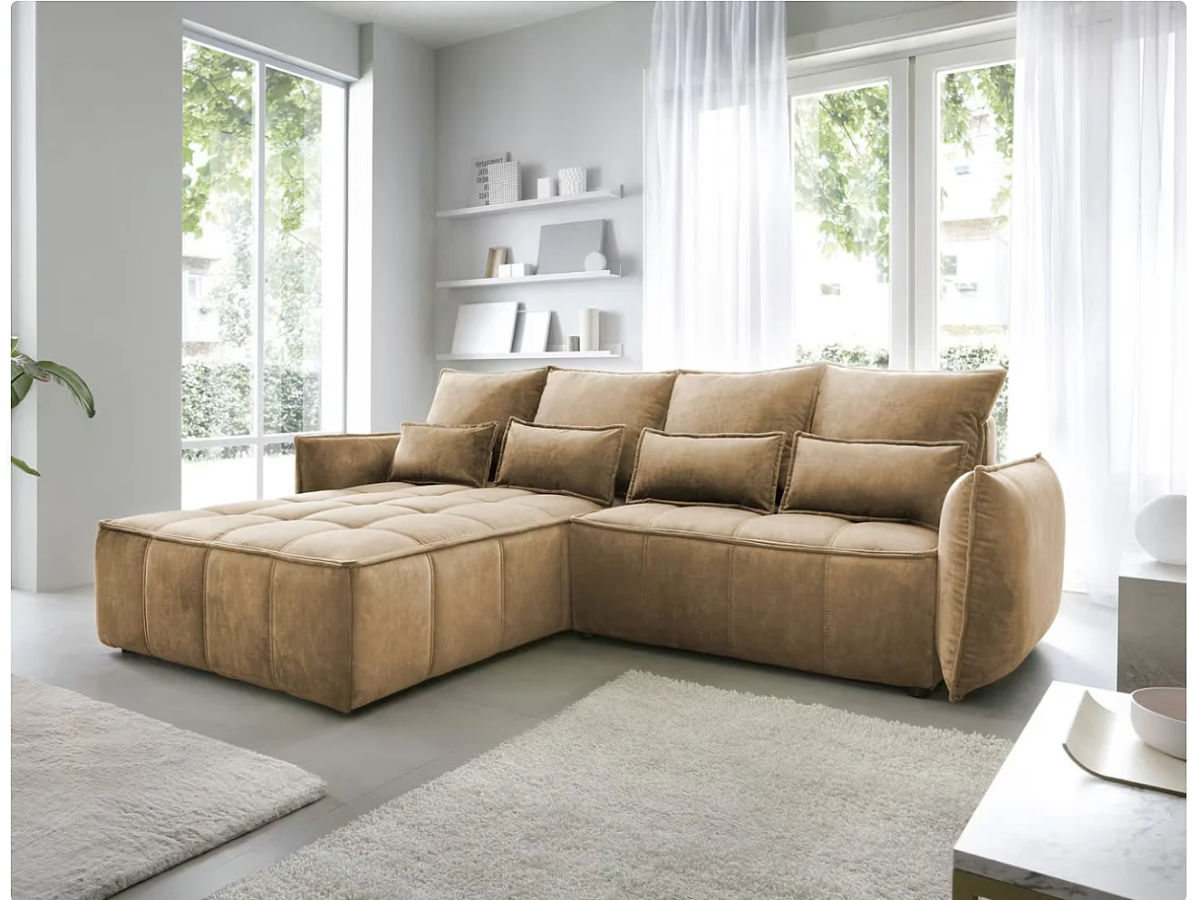 Canapé d’angle convertible 4 places KAMPUS en tissu effet cuir avec coffre de rangement – 265cm-Marron clair-angle droit