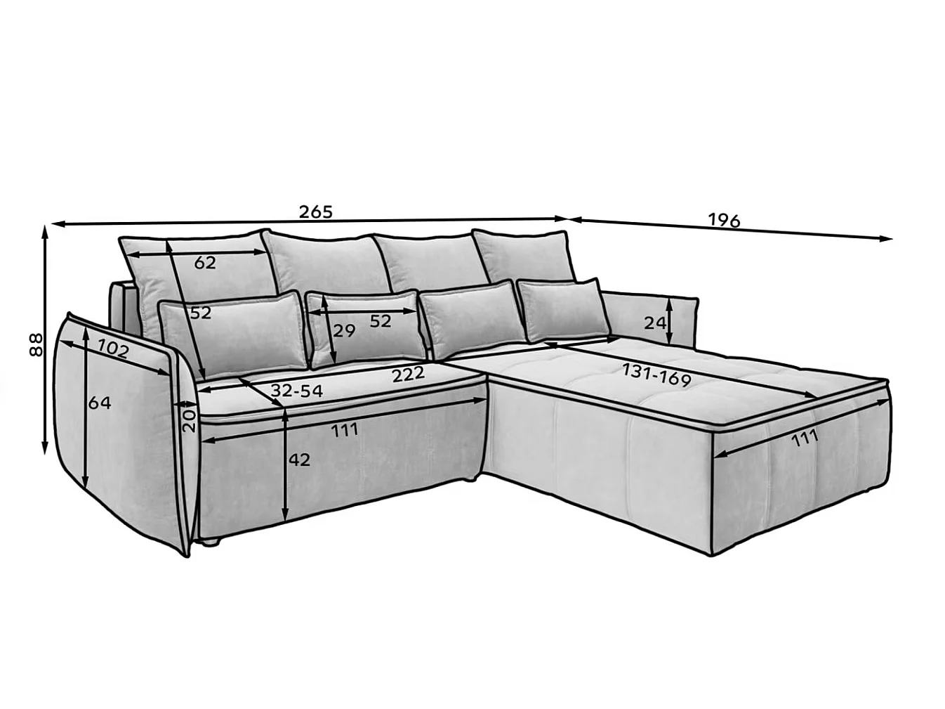 Canapé d’angle convertible 4 places KAMPUS en tissu effet cuir avec coffre de rangement – 265cm-Marron clair-angle droit