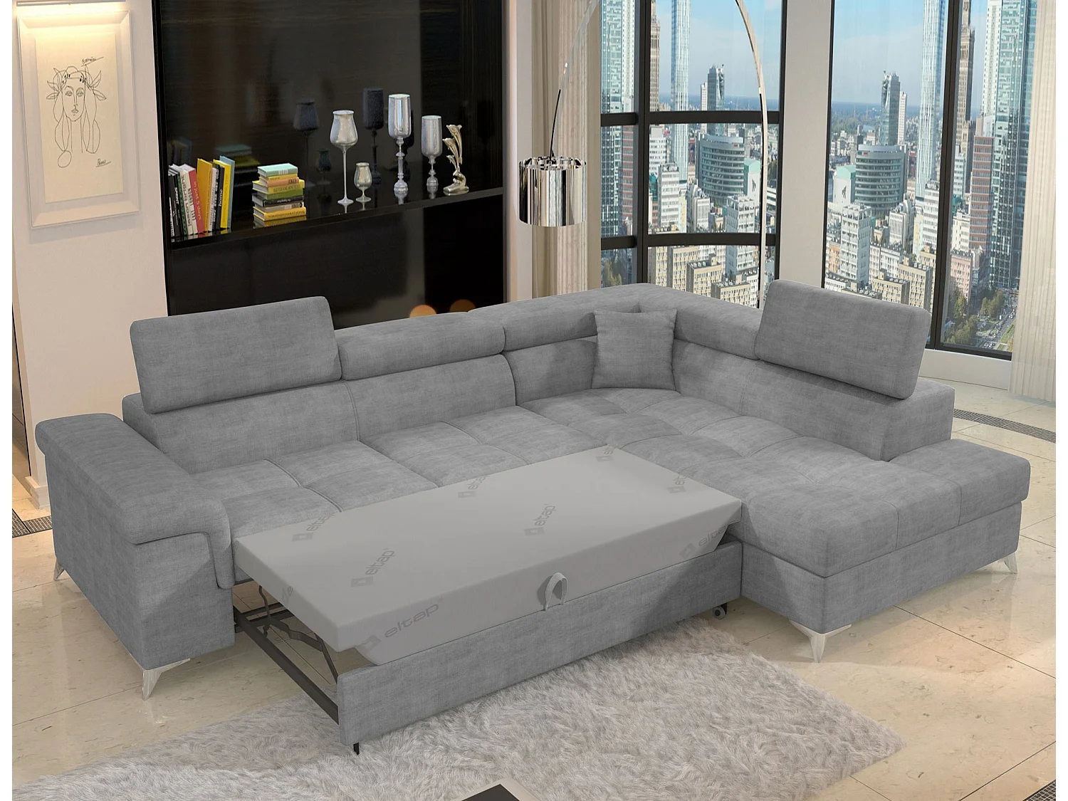 Canapé d’angle convertible MARIDO en tissu avec coffre et têtières réglables – 275cm-Gris souris-angle droit