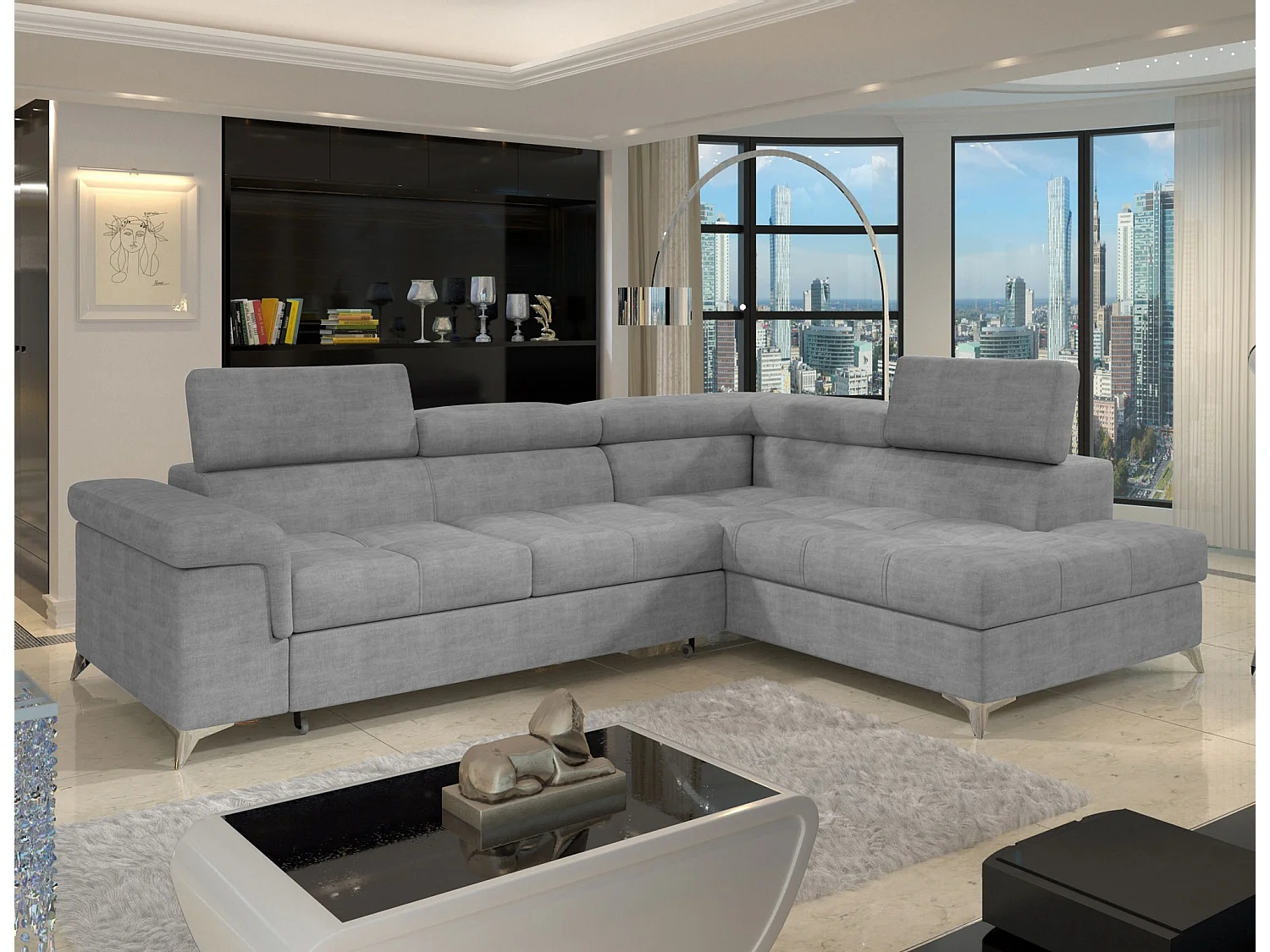 Canapé d’angle convertible MARIDO en tissu avec coffre et têtières réglables – 275cm-Gris souris-angle droit