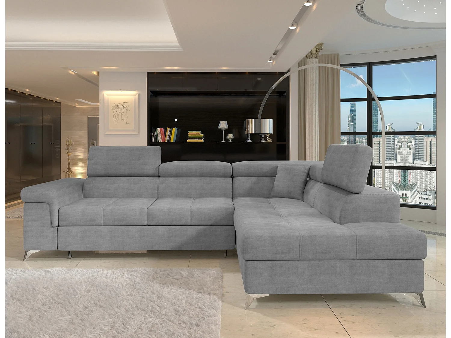 Canapé d’angle convertible MARIDO en tissu avec coffre et têtières réglables – 275cm-Gris souris-angle droit