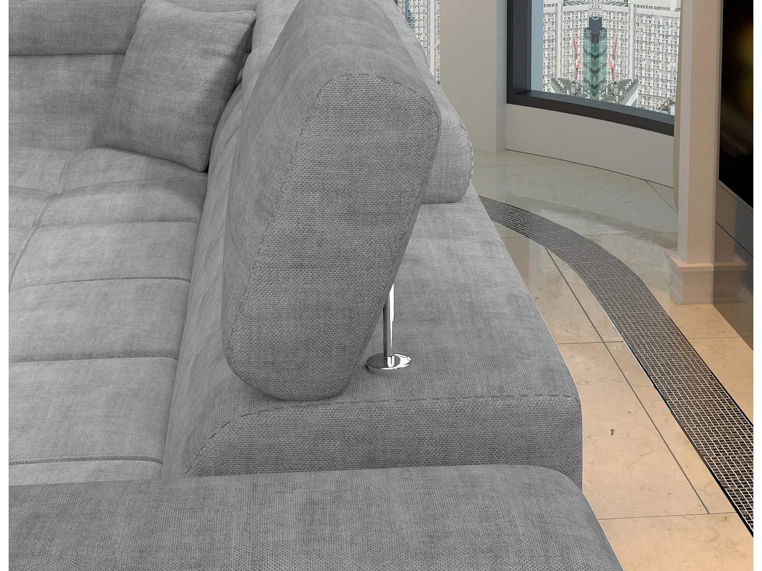 Canapé d’angle convertible MARIDO en tissu avec coffre et têtières réglables – 275cm-Gris souris-angle droit