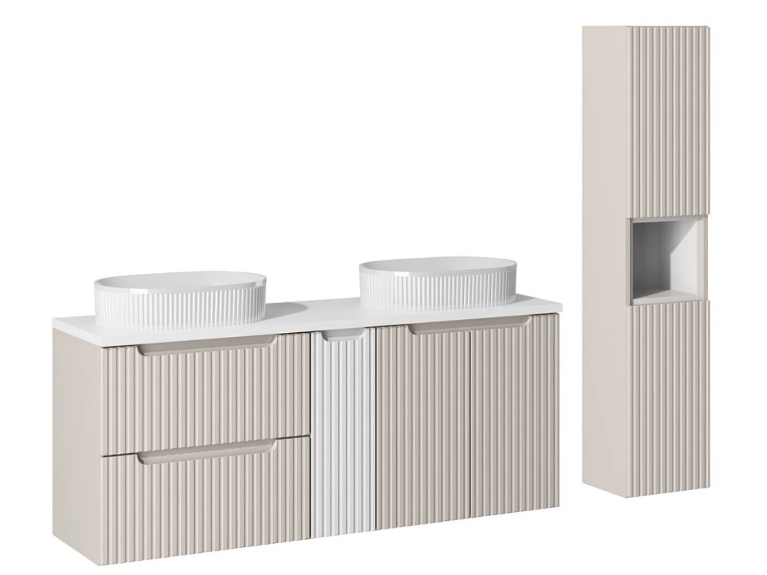 Ensemble meuble salle de bain suspendu 170cm NOVA – Double vasque ovale blanche, colonne, rangements-Taupe/Blanc