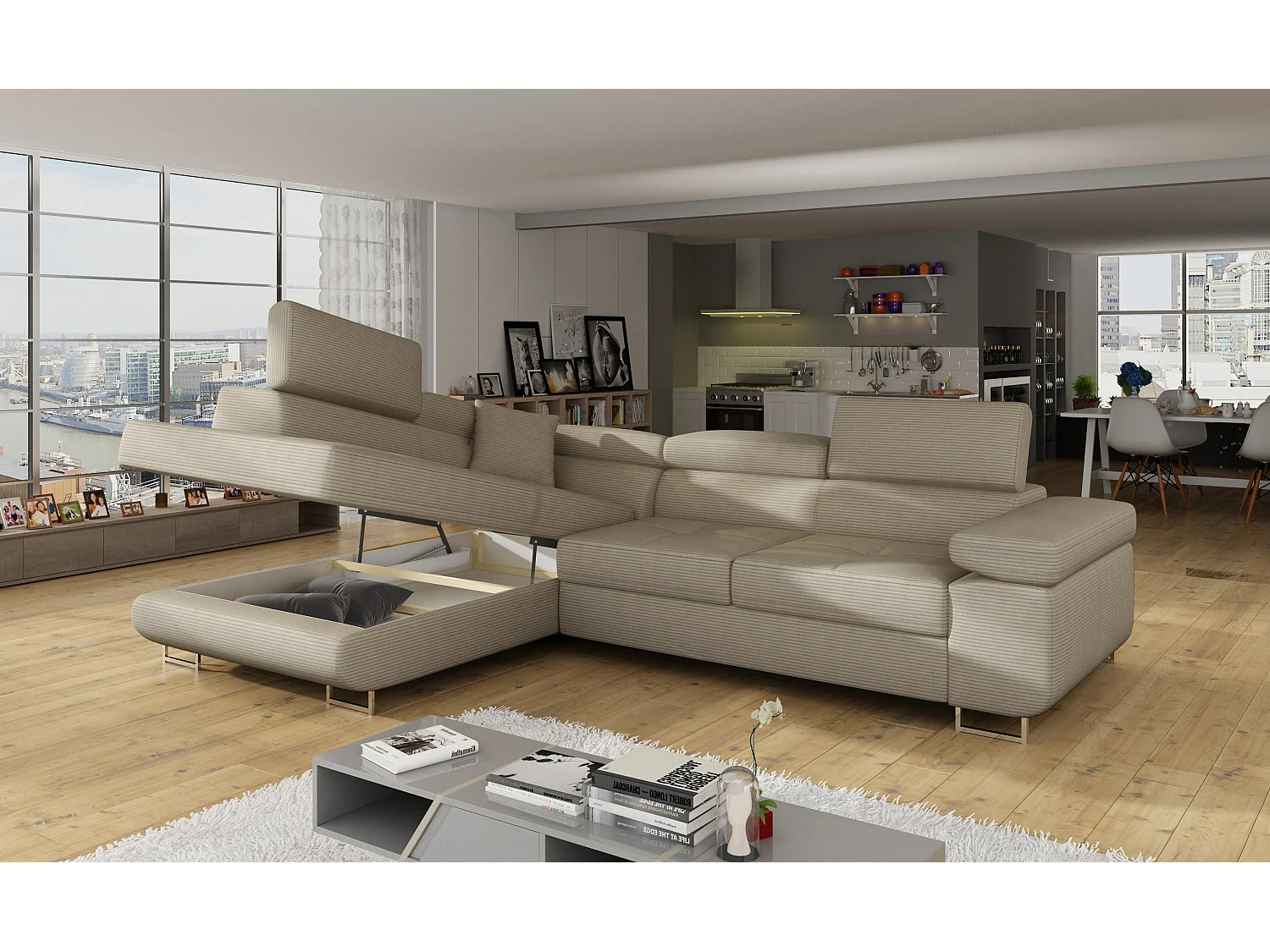 Canapé d’angle convertible MARKA en tissu avec coffre et têtières réglables – 272cm-Beige clair-angle gauche