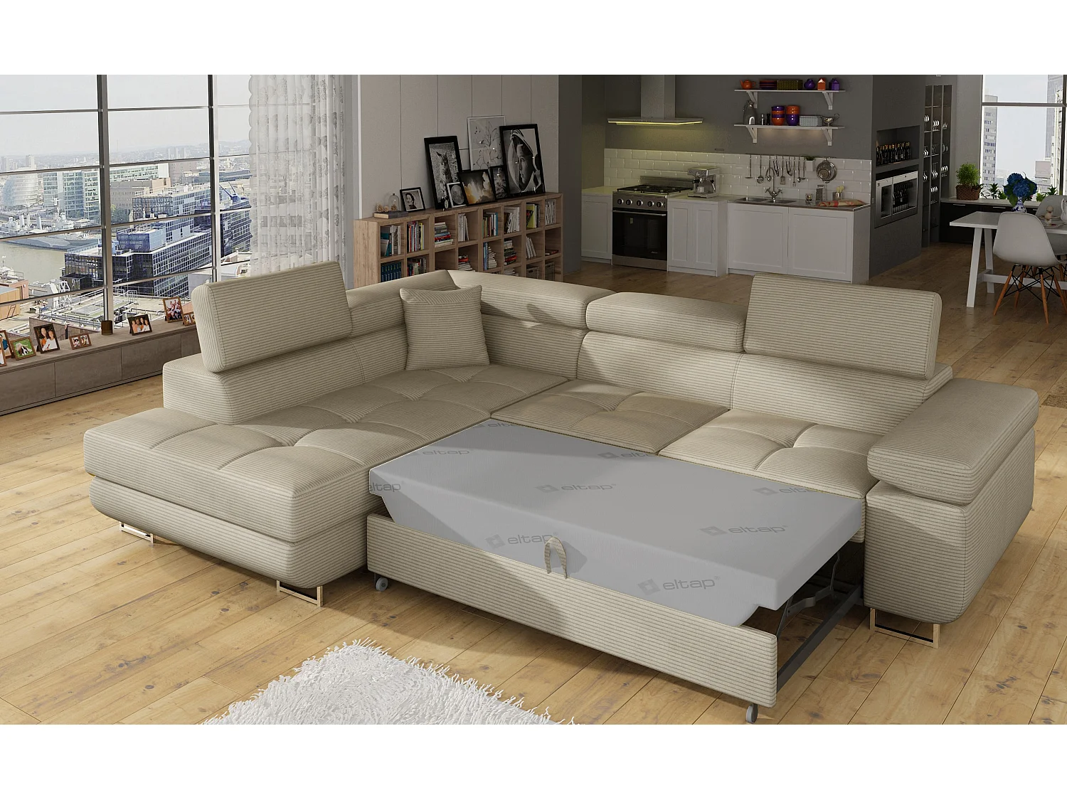 Canapé d’angle convertible MARKA en tissu avec coffre et têtières réglables – 272cm-Beige clair-angle gauche