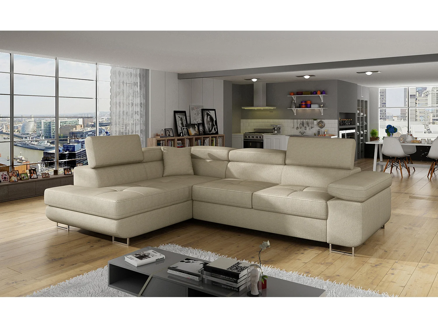 Canapé d’angle convertible MARKA en tissu avec coffre et têtières réglables – 272cm-Beige clair-angle gauche