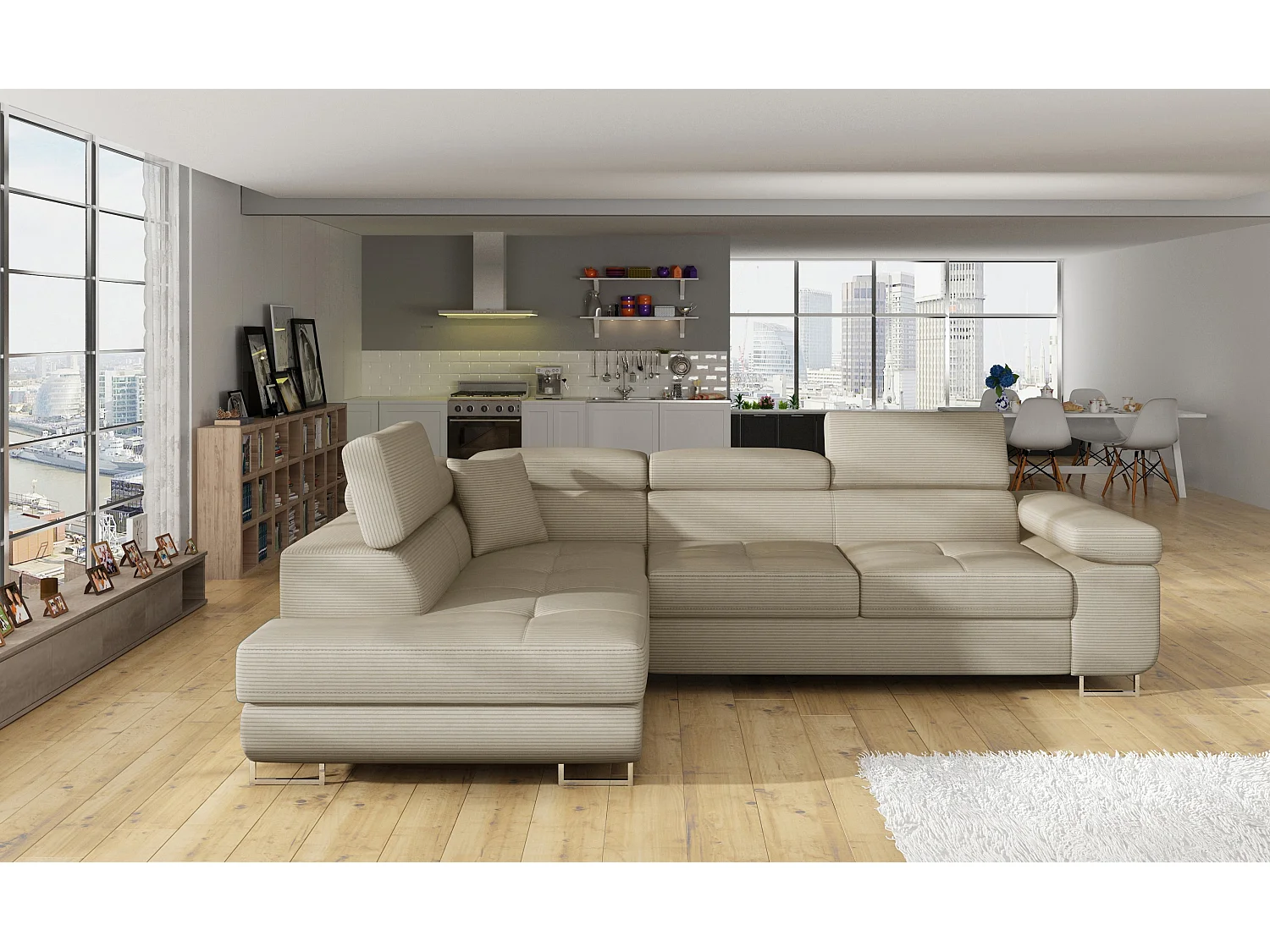 Canapé d’angle convertible MARKA en tissu avec coffre et têtières réglables – 272cm-Beige clair-angle gauche