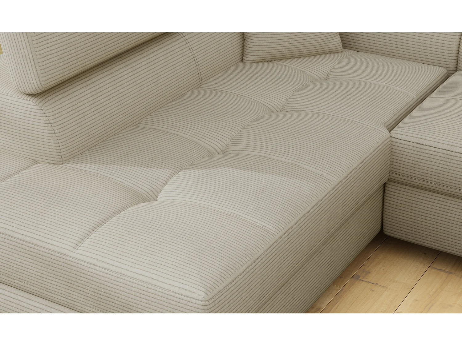 Canapé d’angle convertible MARKA en tissu avec coffre et têtières réglables – 272cm-Beige clair-angle gauche