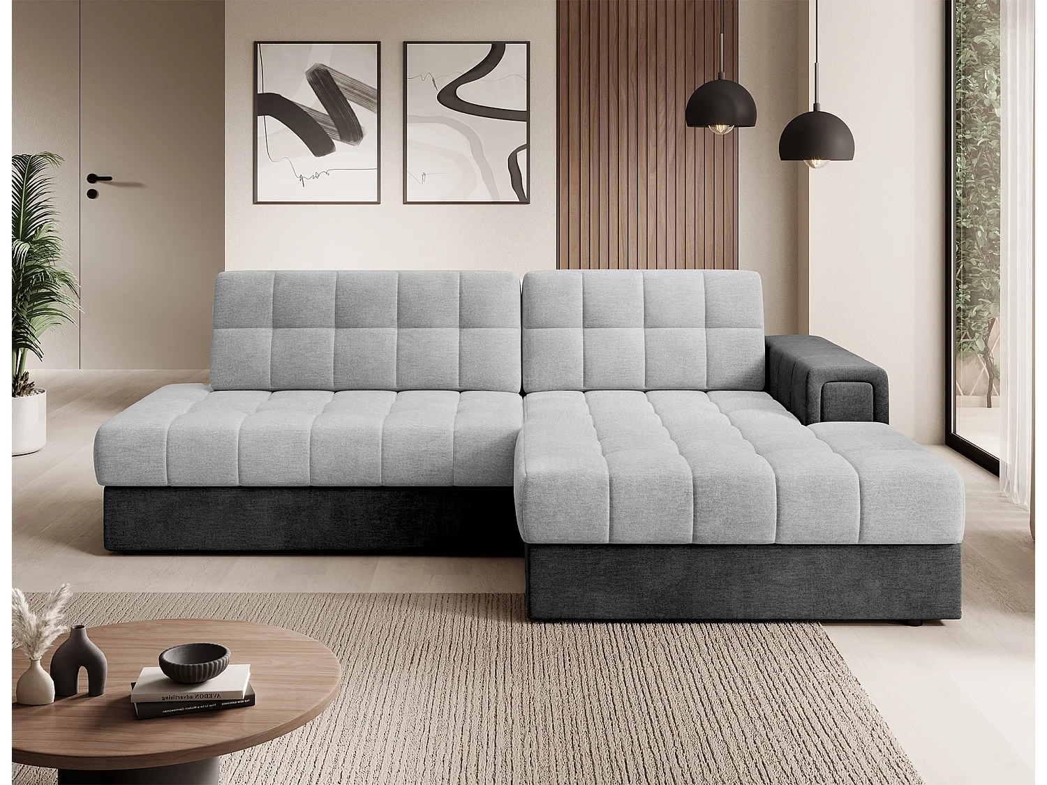Canapé d’angle convertible KELLY en velours avec coffre – 240cm-Gris foncé/Gris-Méridienne A droite