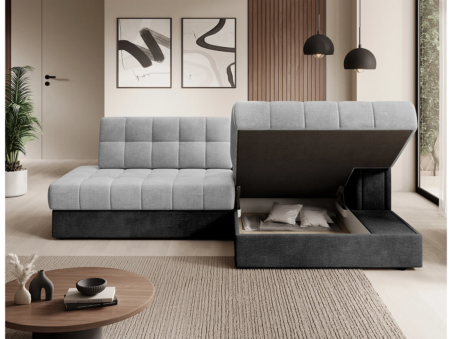 Canapé d’angle convertible KELLY en velours avec coffre – 240cm-Gris foncé/Gris-Méridienne A droite