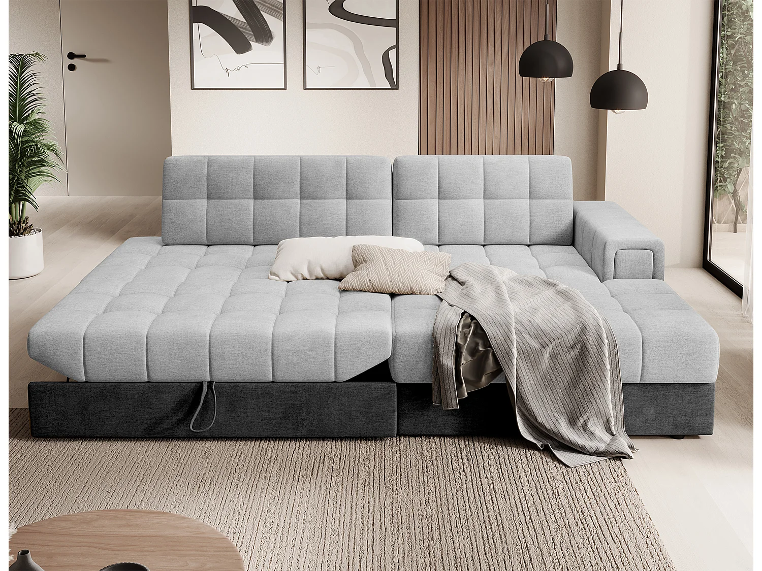 Canapé d’angle convertible KELLY en velours avec coffre – 240cm-Gris foncé/Gris-Méridienne A droite