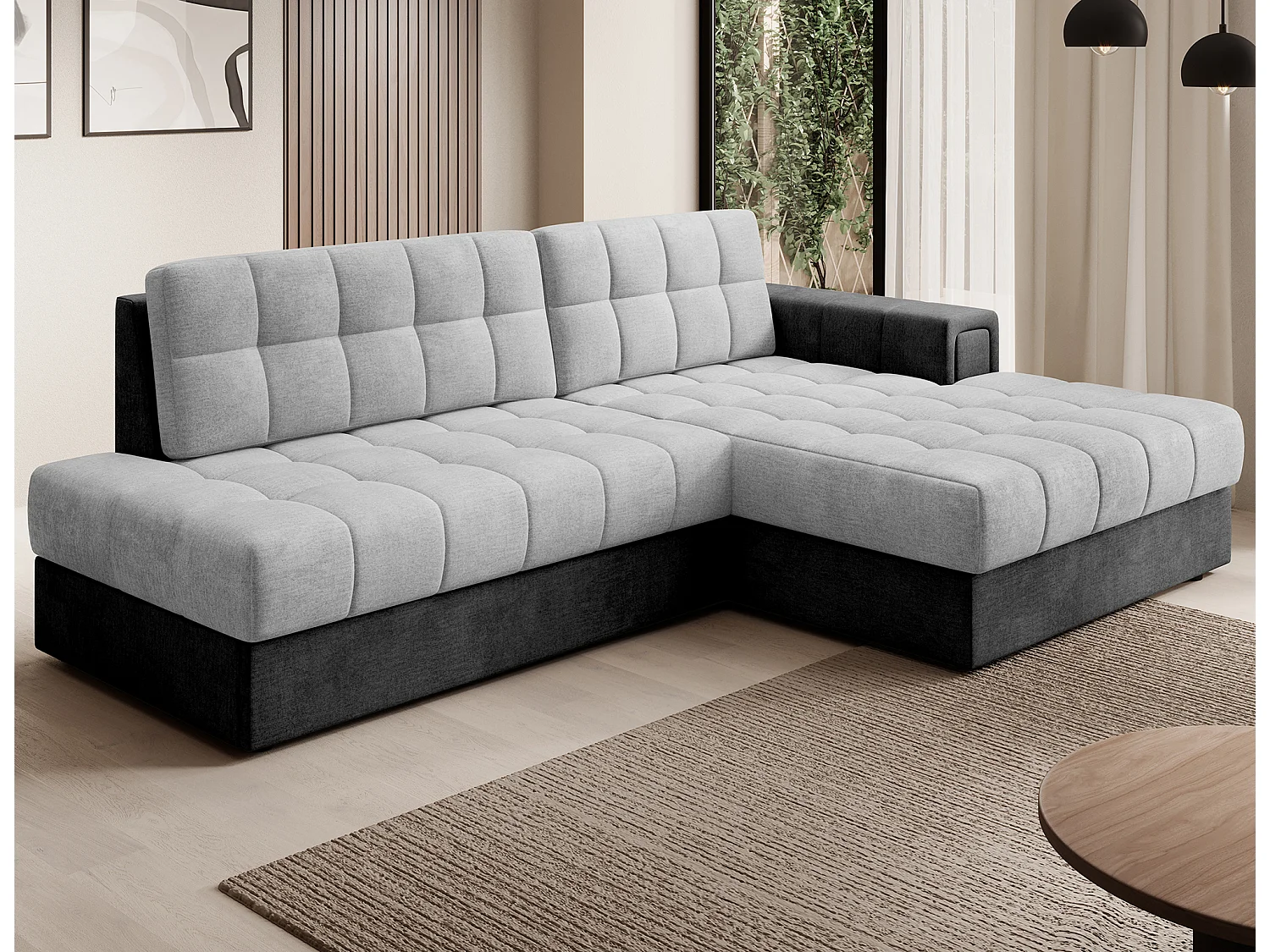 Canapé d’angle convertible KELLY en velours avec coffre – 240cm-Gris foncé/Gris-Méridienne A droite