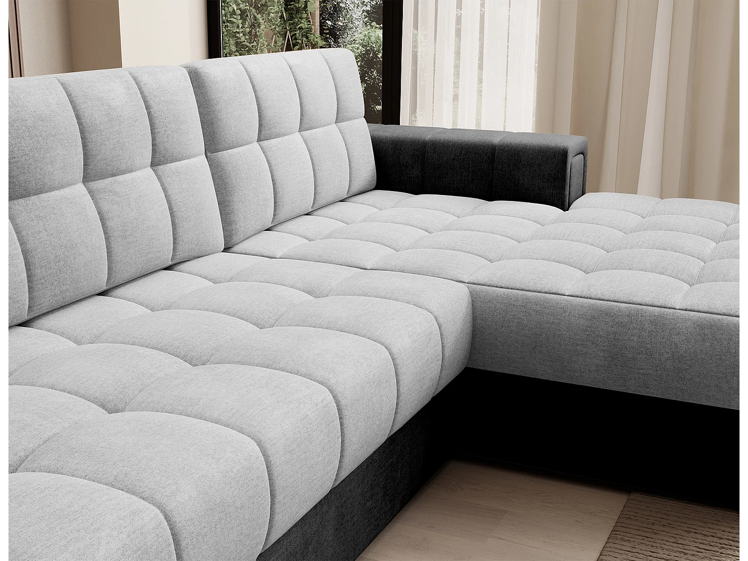 Canapé d’angle convertible KELLY en velours avec coffre – 240cm-Gris foncé/Gris-Méridienne A droite