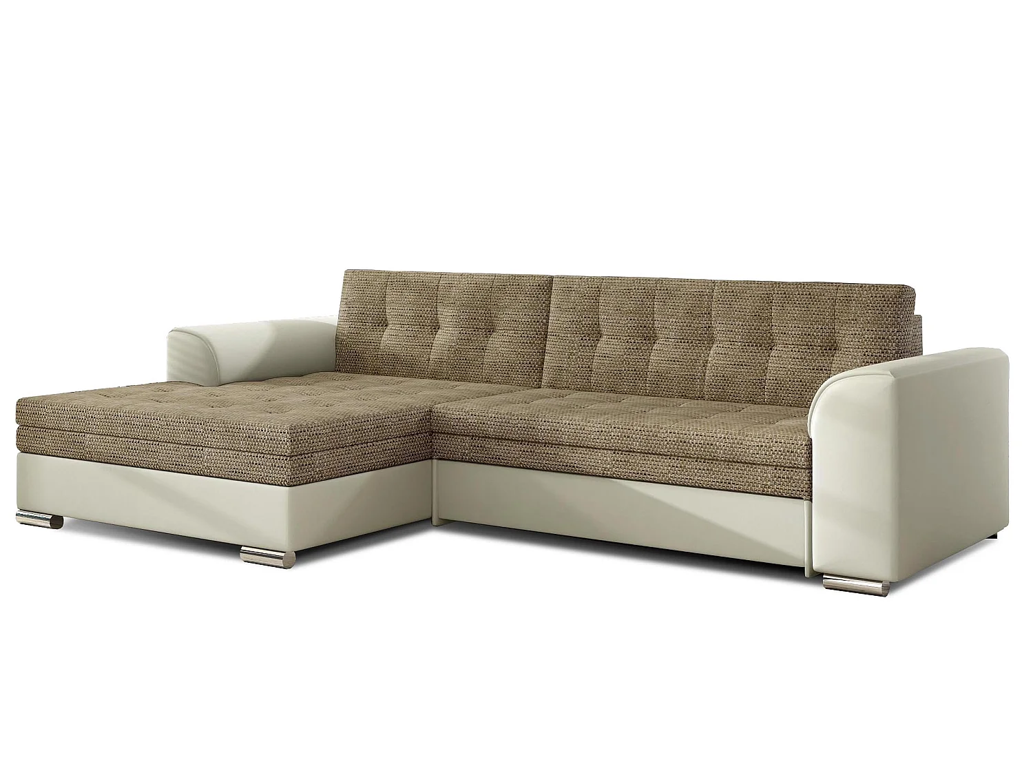 Sofá esquinero convertible KAPONA en tela y piel sintética - Patas de acero cromado-Beige claro/Beige jaspeado-Ángulo izquierdo