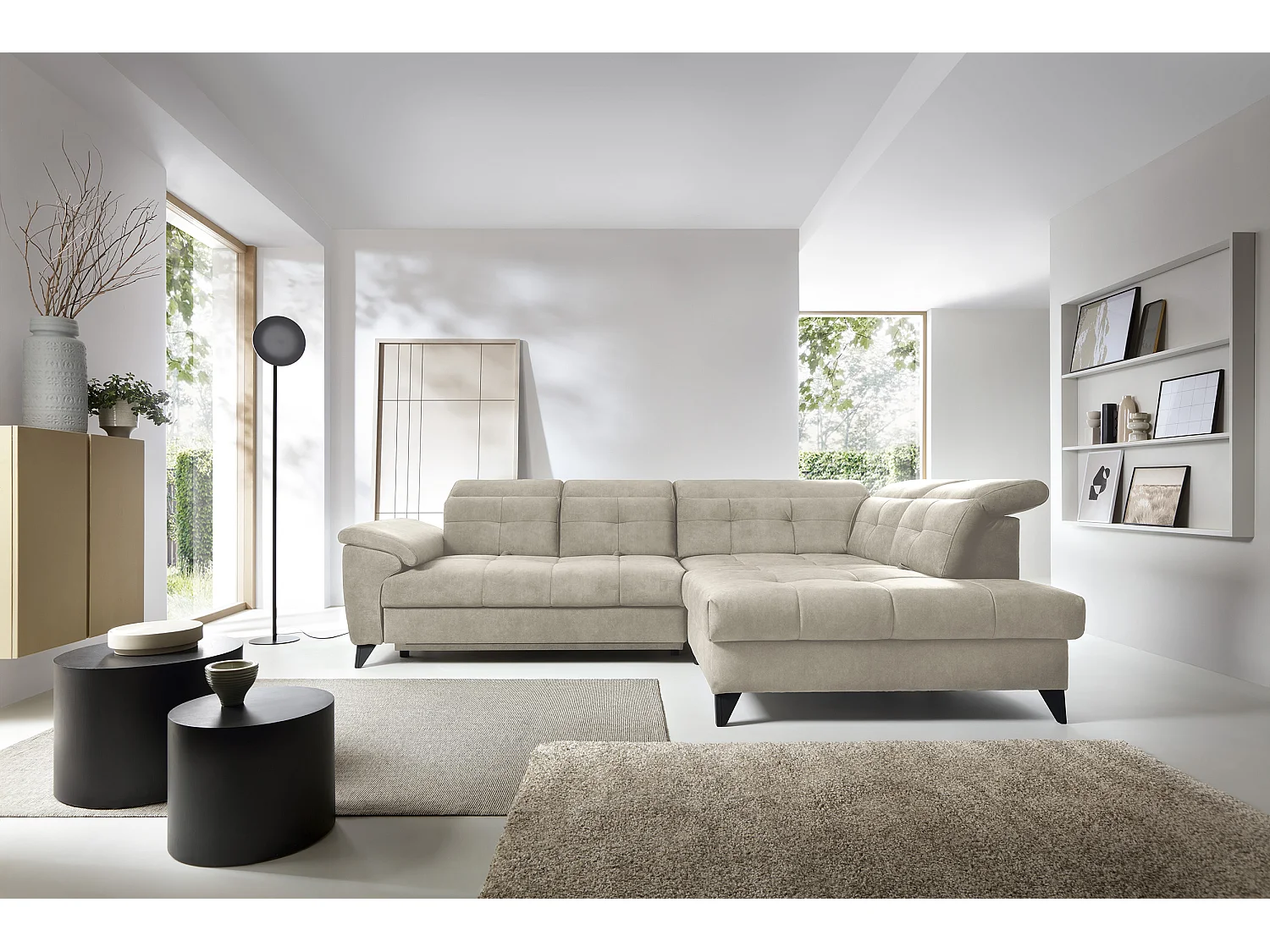 Sofá esquinero convertible KARIN en tejido aterciopelado - Almacenamiento y reposacabezas ajustables-Beige claro-Ángulos rectos