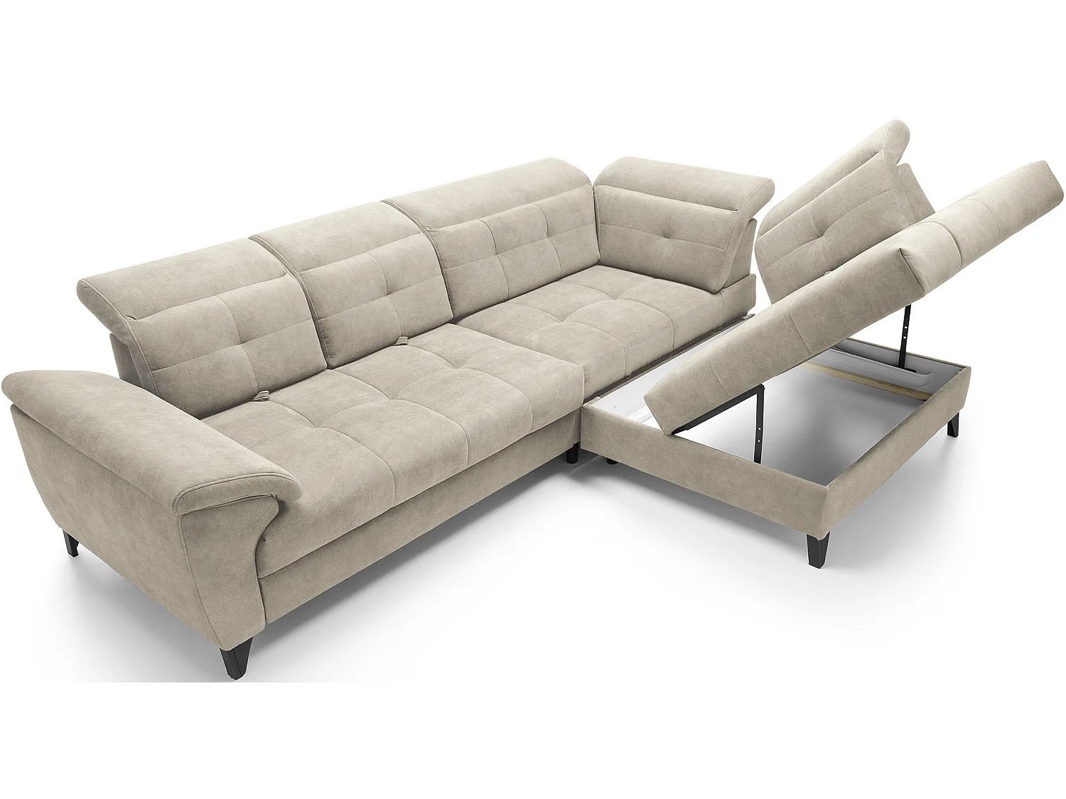Sofá esquinero convertible KARIN en tejido aterciopelado - Almacenamiento y reposacabezas ajustables-Beige claro-Ángulos rectos