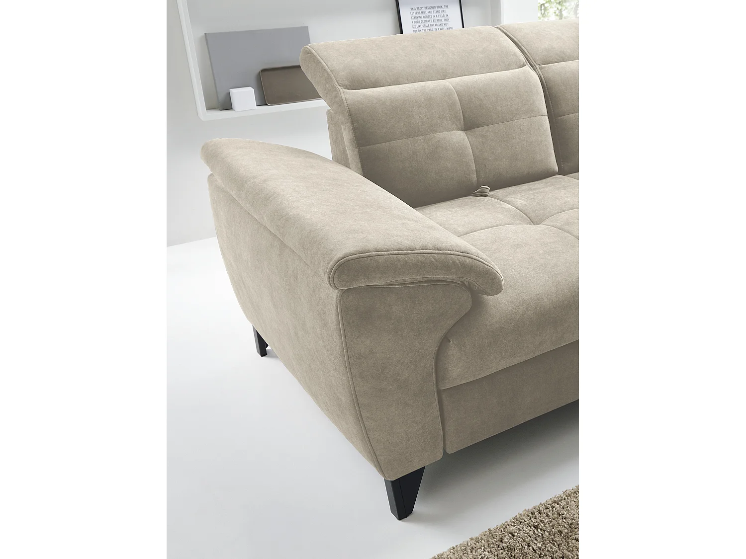 Sofá esquinero convertible KARIN en tejido aterciopelado - Almacenamiento y reposacabezas ajustables-Beige claro-Ángulos rectos