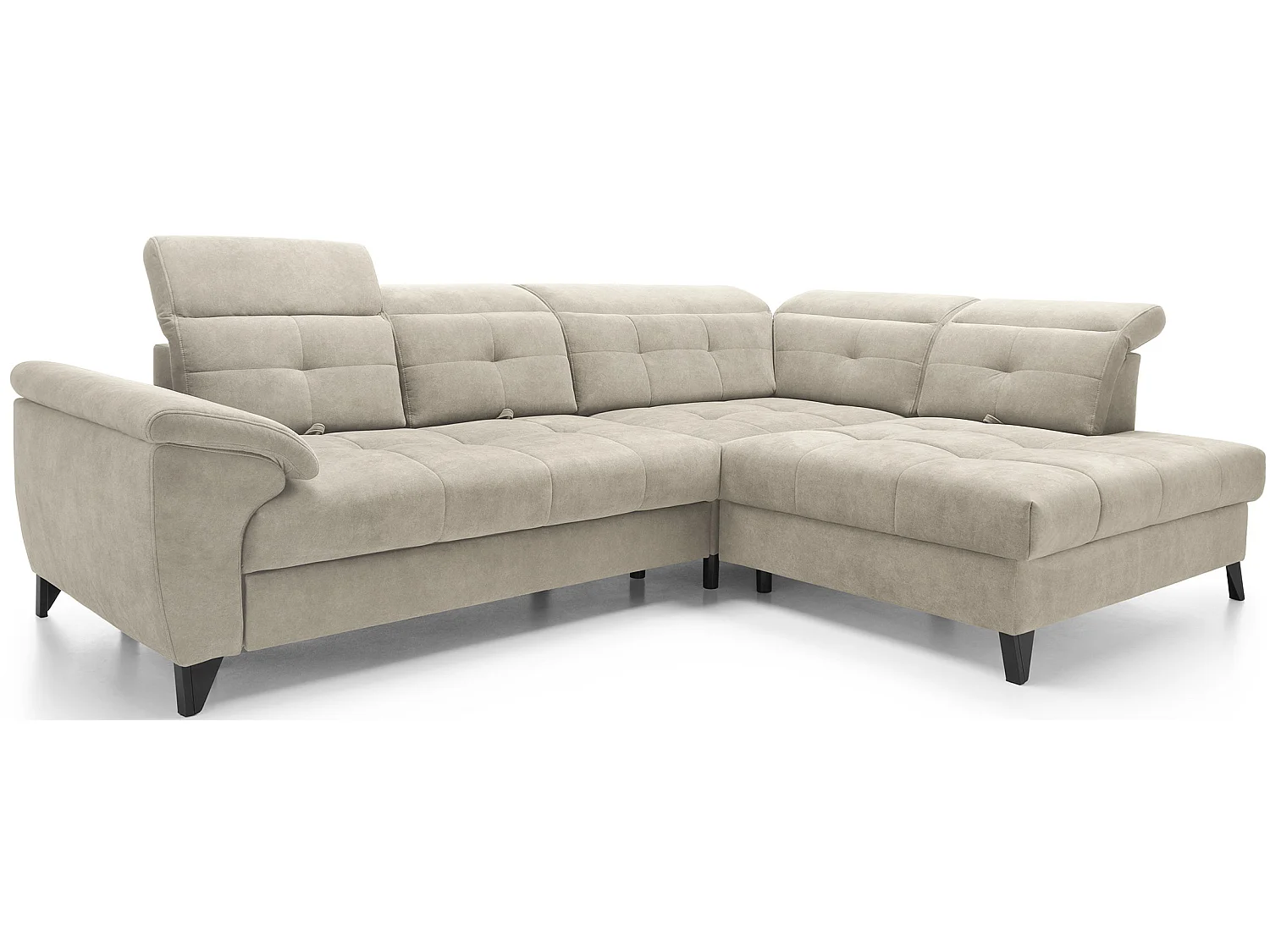 Sofá esquinero convertible KARIN en tejido aterciopelado - Almacenamiento y reposacabezas ajustables-Beige claro-Ángulos rectos