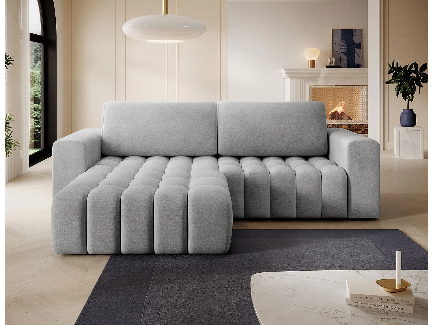 Canapé d’angle convertible BOZEN en velours capitonné avec coffre – 250cm-Gris clair-angle gauche