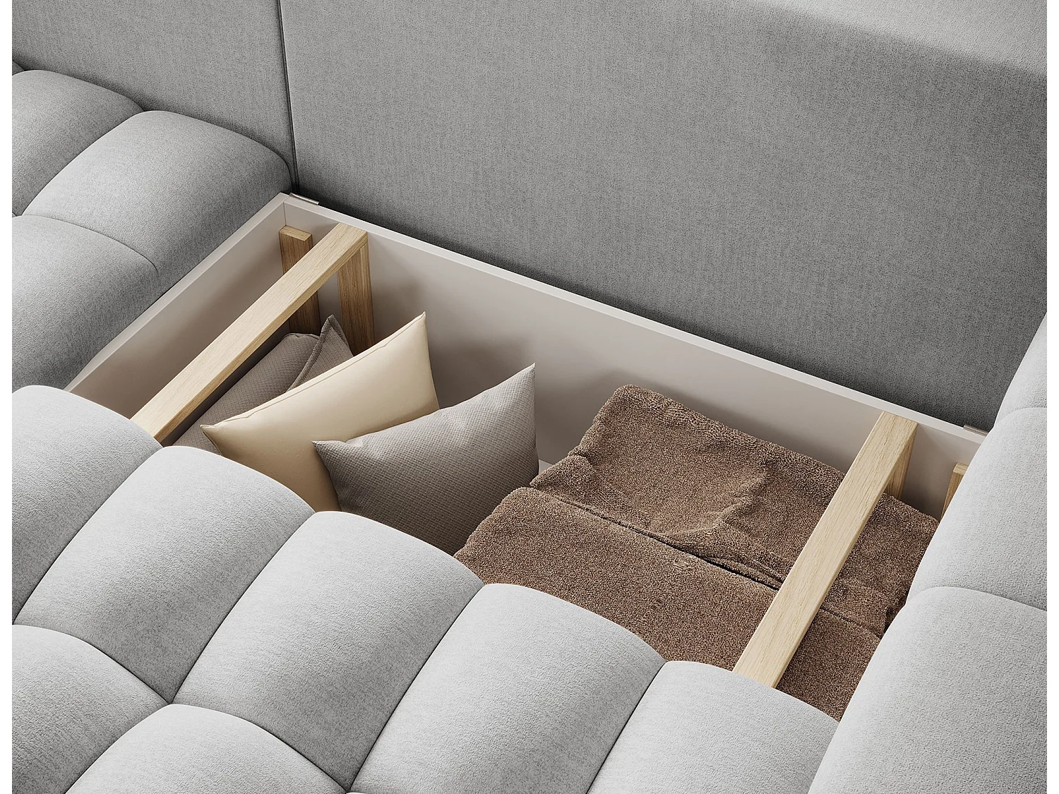 Canapé d’angle convertible BOZEN en velours capitonné avec coffre – 250cm-Gris clair-angle gauche