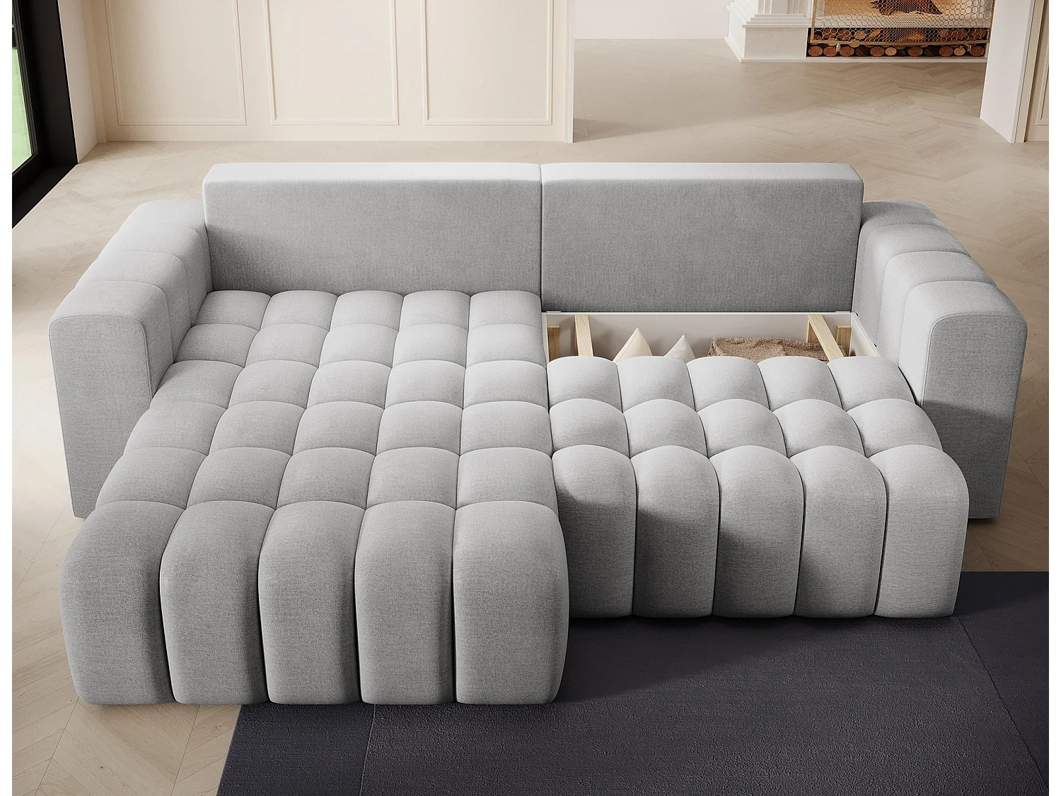 Canapé d’angle convertible BOZEN en velours capitonné avec coffre – 250cm-Gris clair-angle gauche