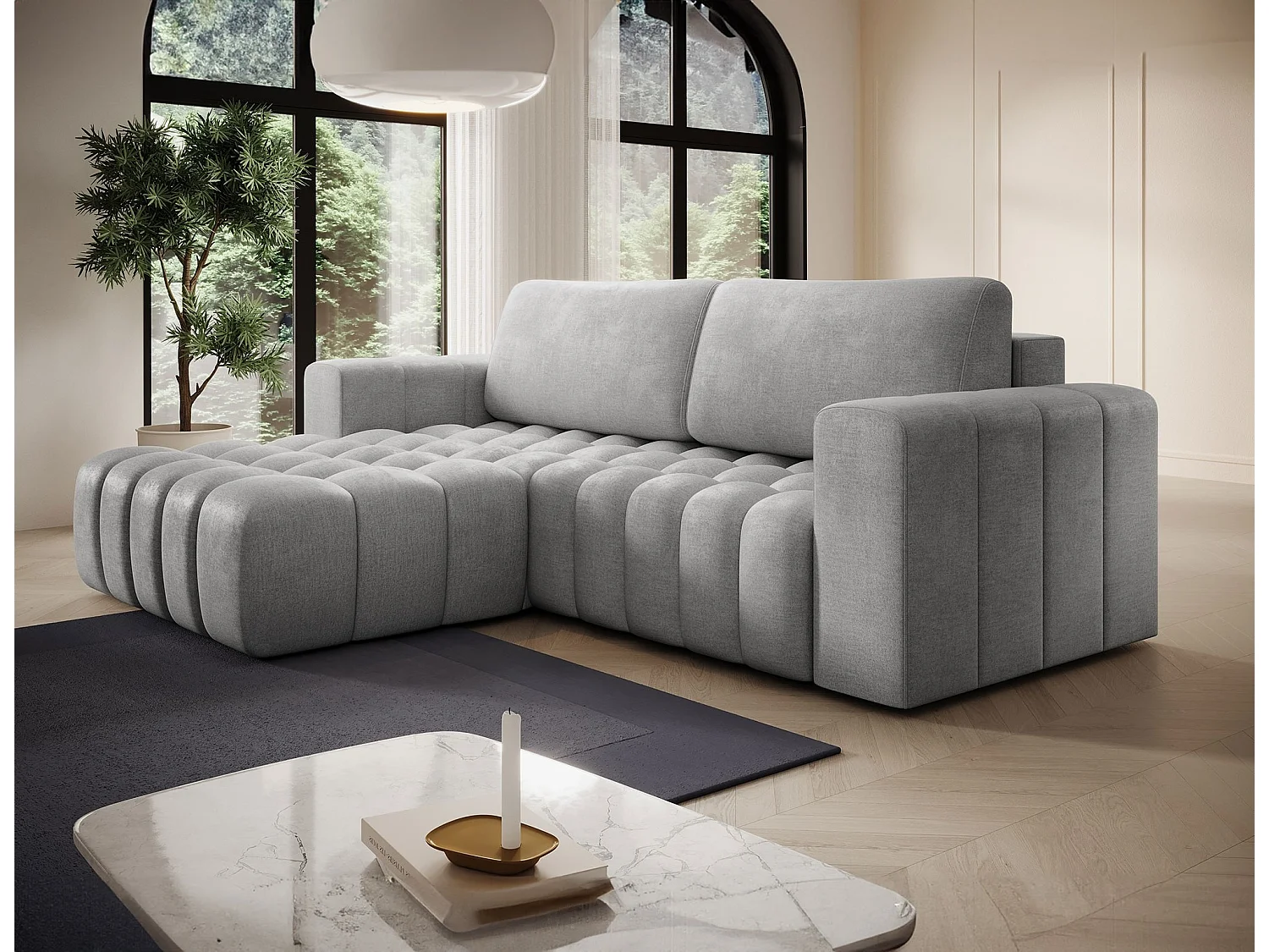 Canapé d’angle convertible BOZEN en velours capitonné avec coffre – 250cm-Gris clair-angle gauche