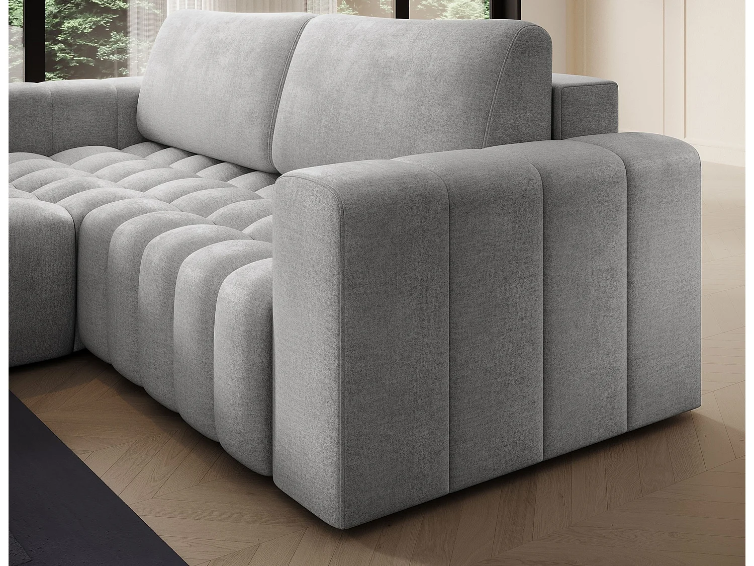 Canapé d’angle convertible BOZEN en velours capitonné avec coffre – 250cm-Gris clair-angle gauche