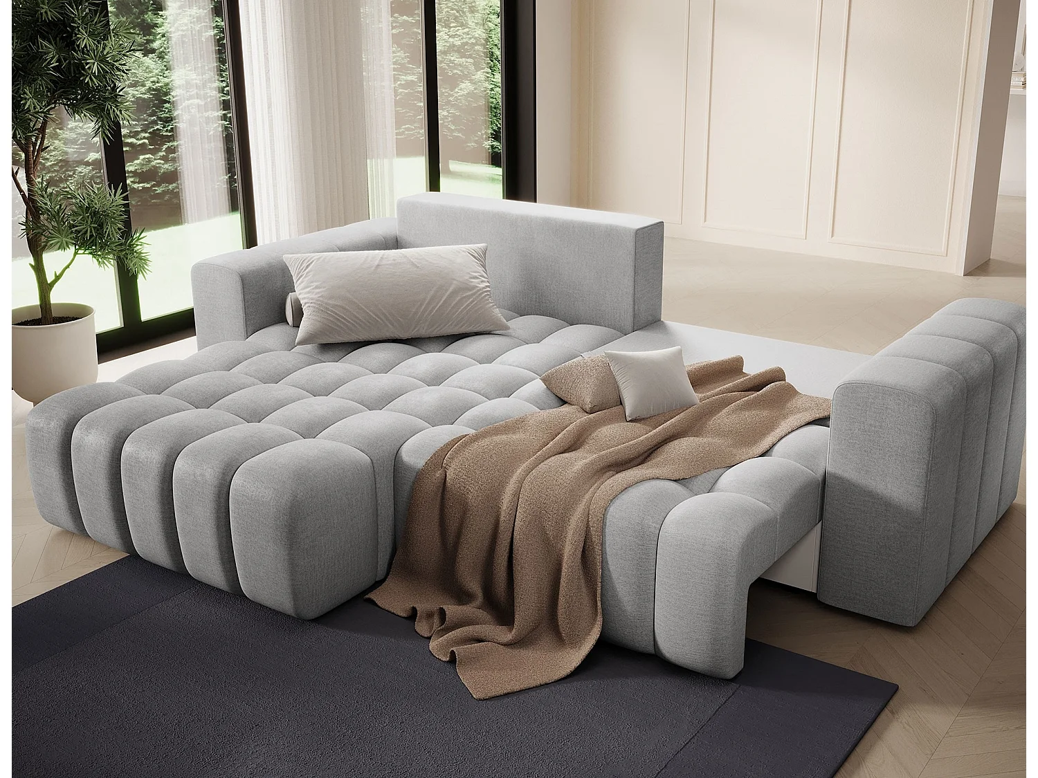 Canapé d’angle convertible BOZEN en velours capitonné avec coffre – 250cm-Gris clair-angle gauche