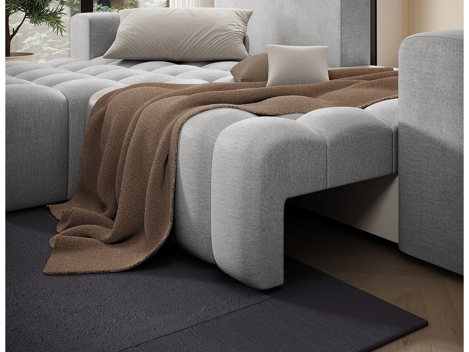 Canapé d’angle convertible BOZEN en velours capitonné avec coffre – 250cm-Gris clair-angle gauche