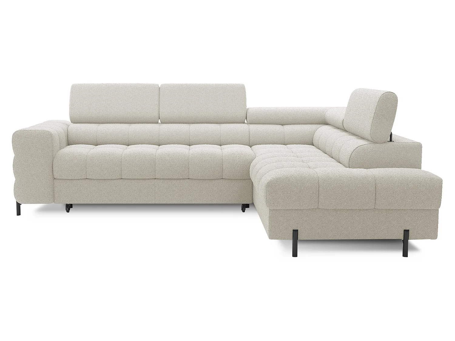 Canapé d’angle convertible LUCCINO en tissu avec coffre, têtières réglables et pieds en métal noir – 276cm-Beige clair-angle droit
