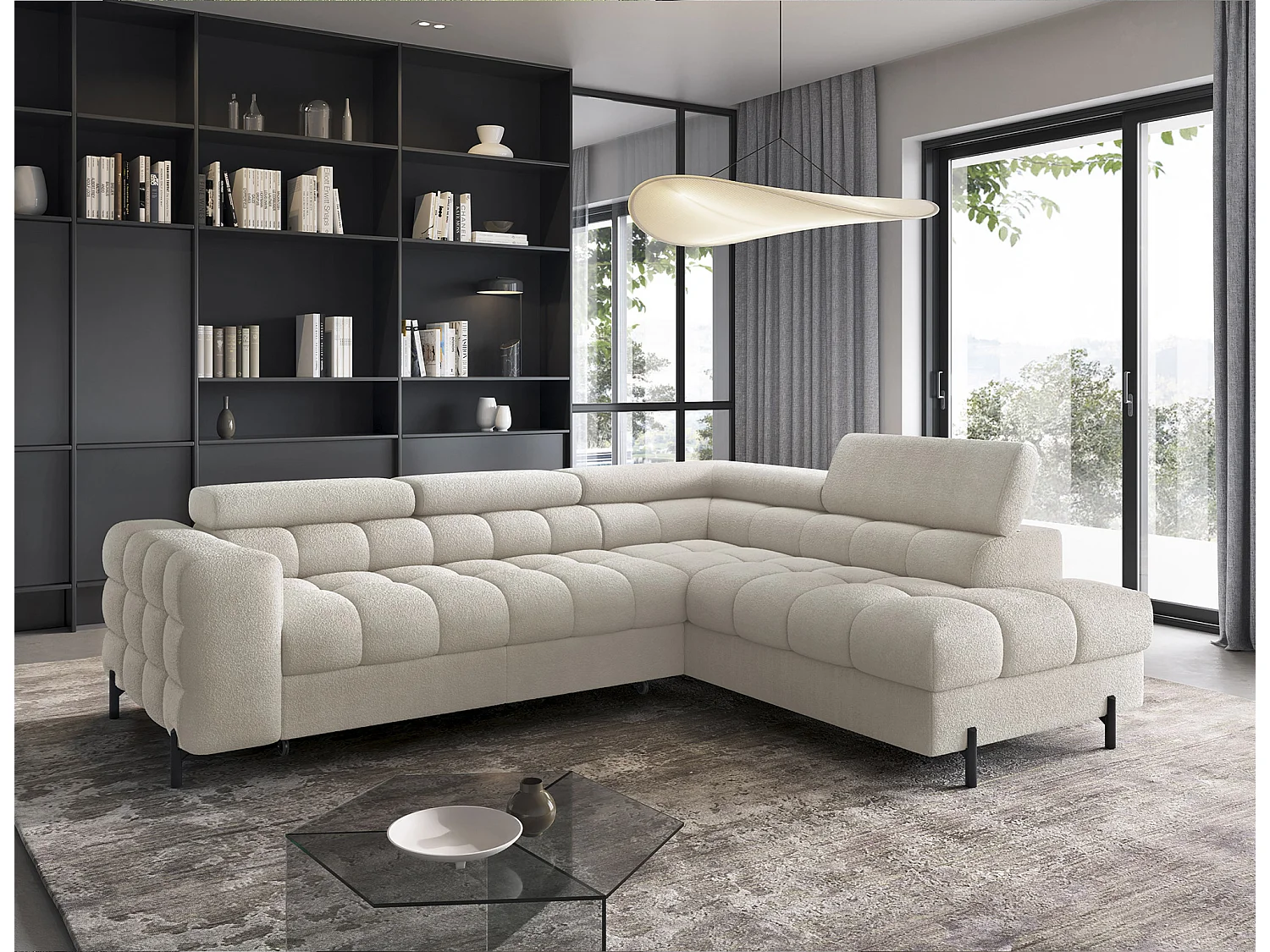 Canapé d’angle convertible LUCCINO en tissu avec coffre, têtières réglables et pieds en métal noir – 276cm-Beige clair-angle droit