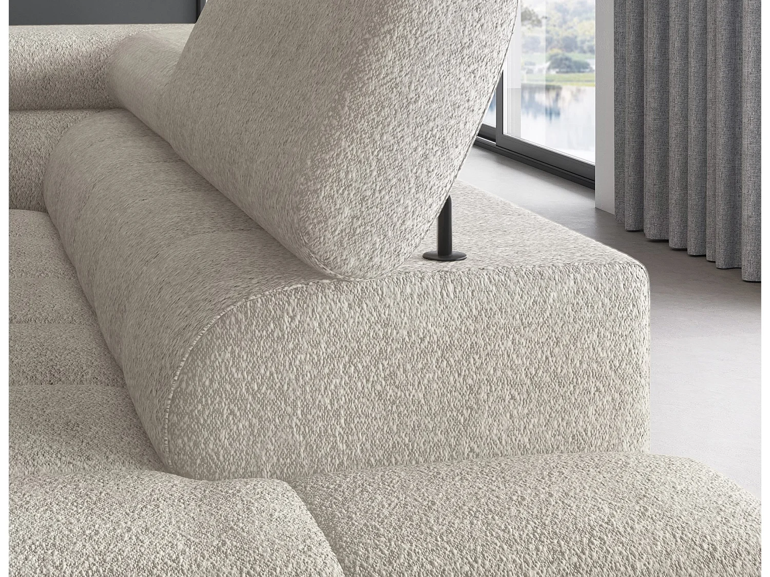Canapé d’angle convertible LUCCINO en tissu avec coffre, têtières réglables et pieds en métal noir – 276cm-Beige clair-angle droit
