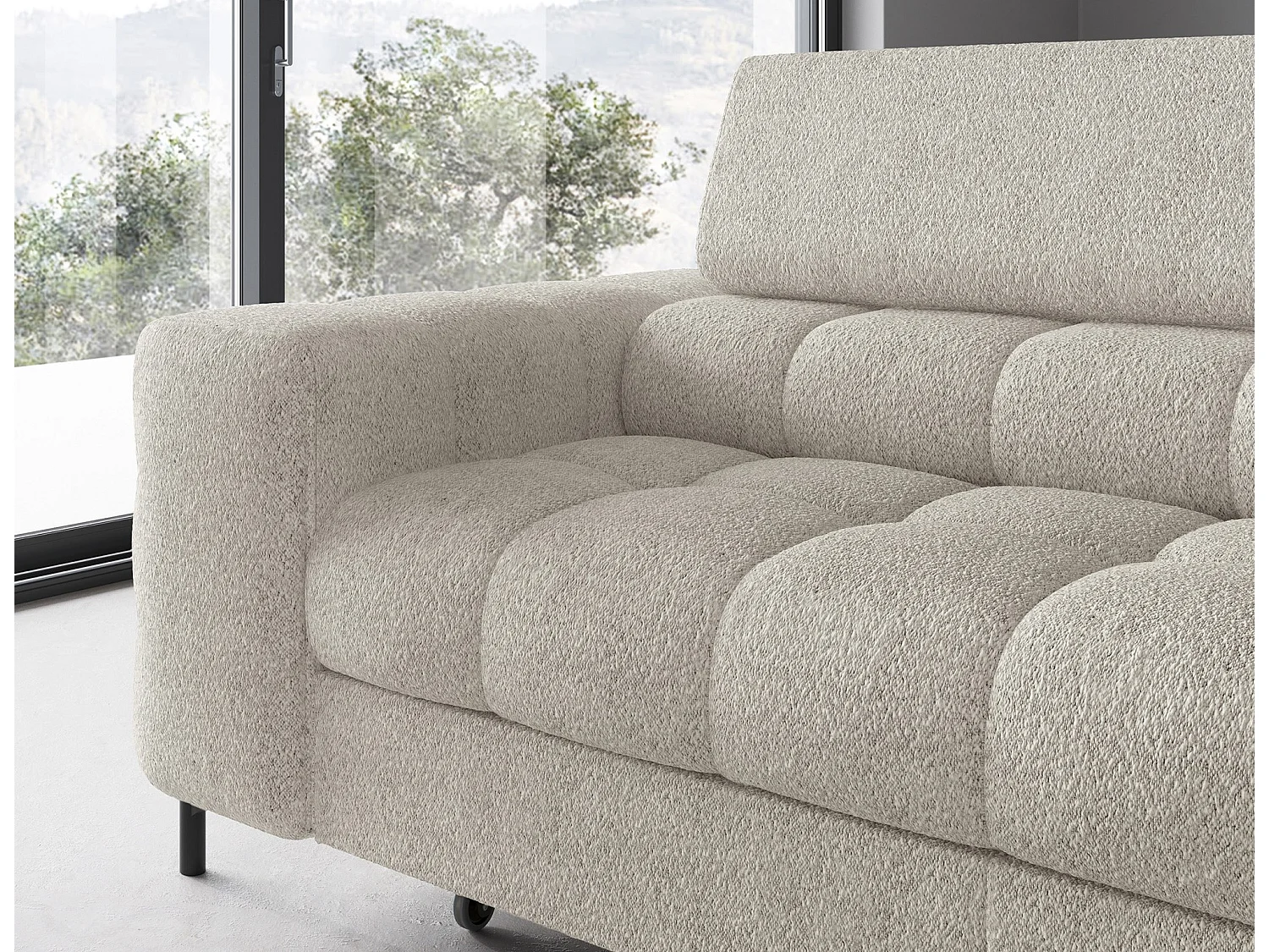 Canapé d’angle convertible LUCCINO en tissu avec coffre, têtières réglables et pieds en métal noir – 276cm-Beige clair-angle droit
