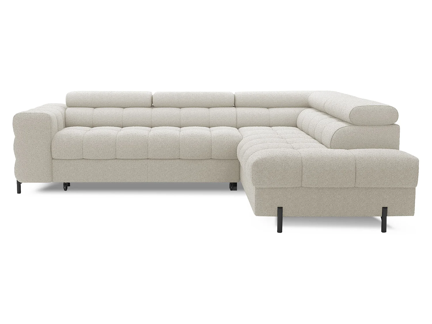 Canapé d’angle convertible LUCCINO en tissu avec coffre, têtières réglables et pieds en métal noir – 276cm-Beige clair-angle droit