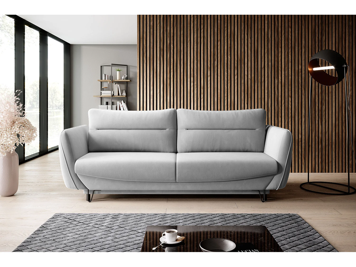 Canapé droit convertible 3 places tissu ZURIK 236cm - Coffre de rangement & pieds métal noir-Gris souris