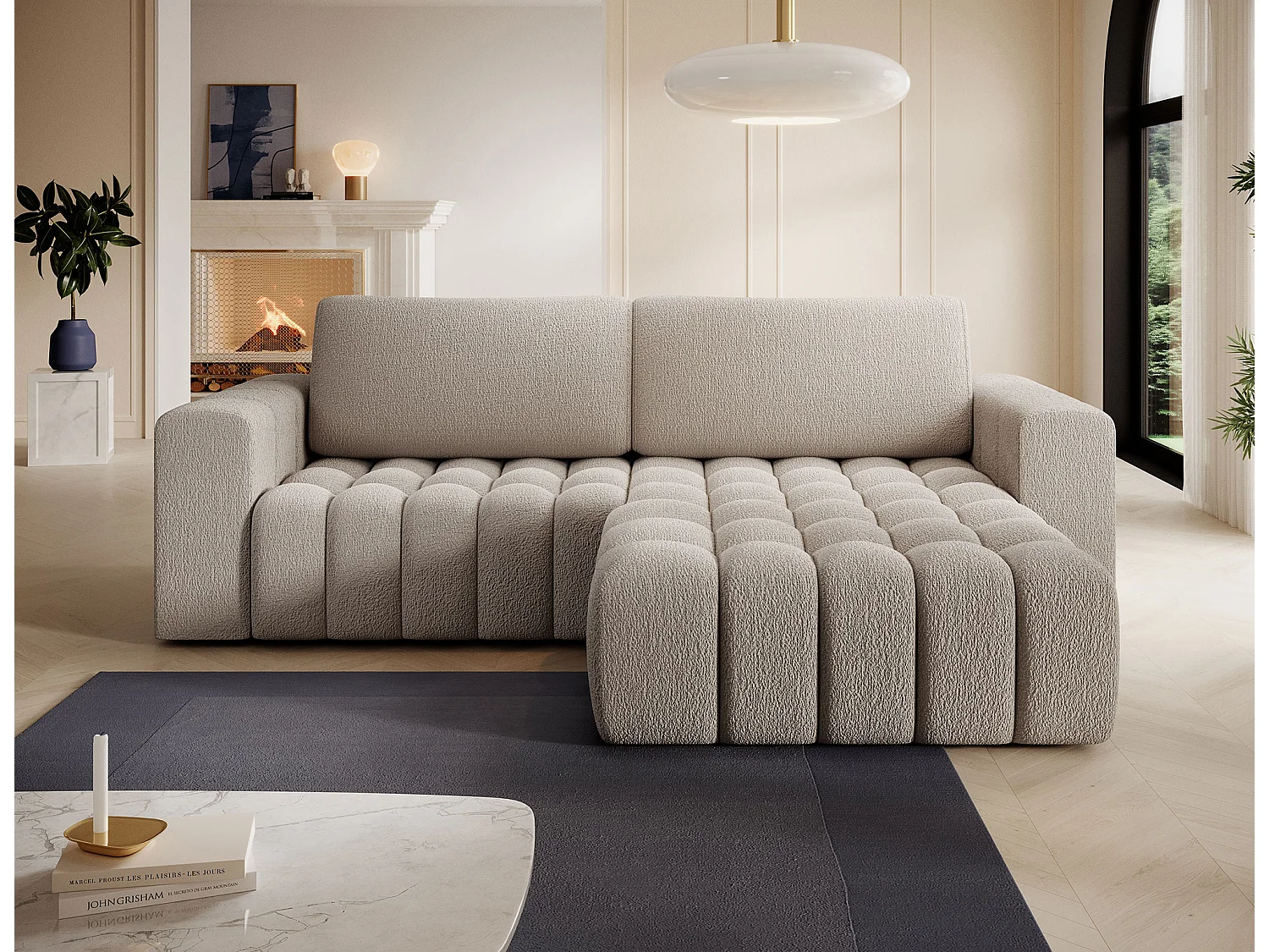 Canapé d’angle convertible BOZEN en tissu bouclette capitonné avec coffre – 250cm-Beige-angle droit