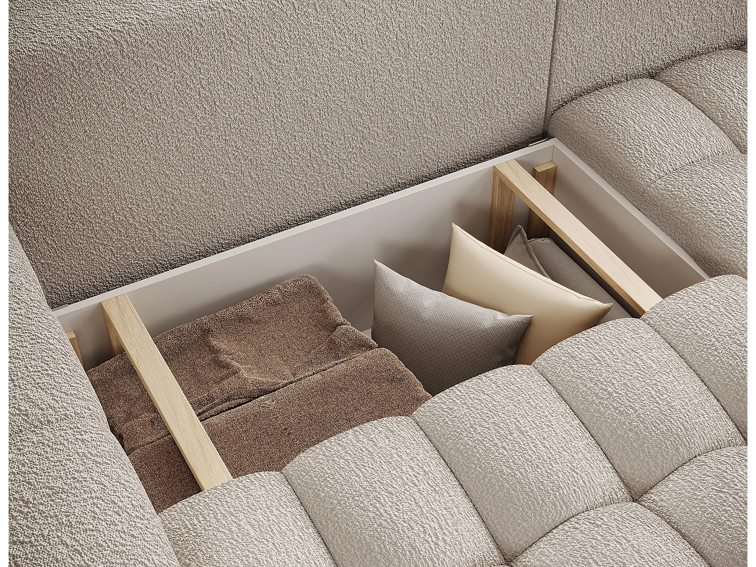 Canapé d’angle convertible BOZEN en tissu bouclette capitonné avec coffre – 250cm-Beige-angle droit