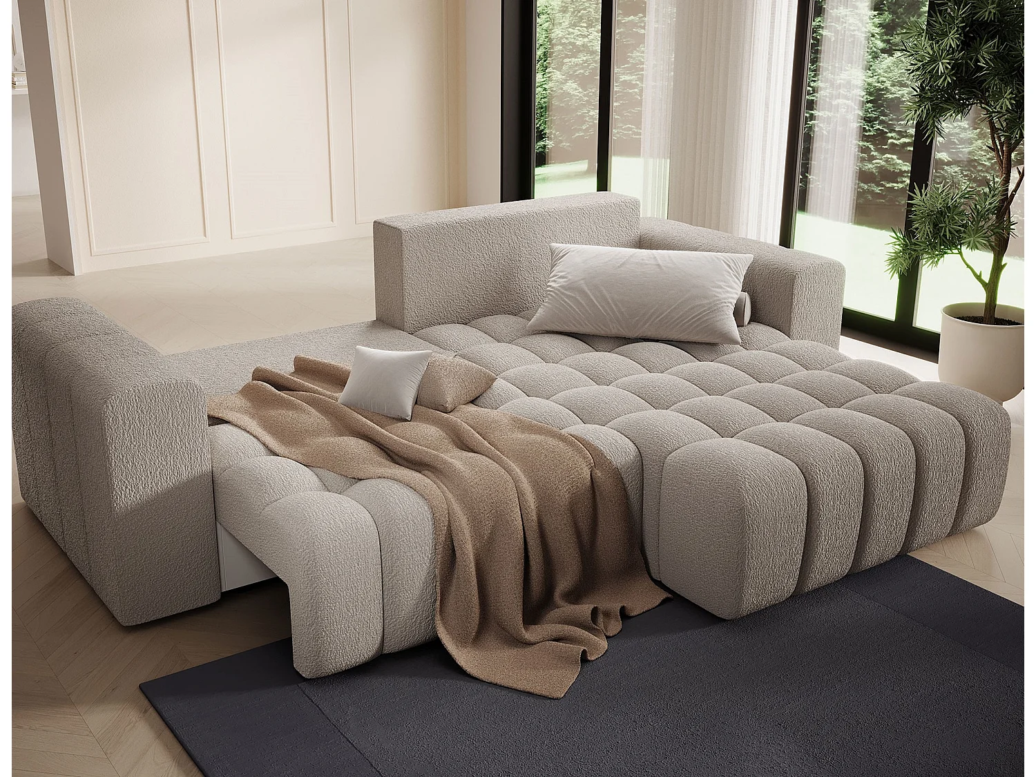 Canapé d’angle convertible BOZEN en tissu bouclette capitonné avec coffre – 250cm-Beige-angle droit