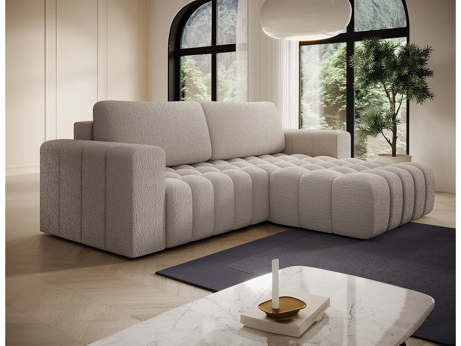 Canapé d’angle convertible BOZEN en tissu bouclette capitonné avec coffre – 250cm-Beige-angle droit