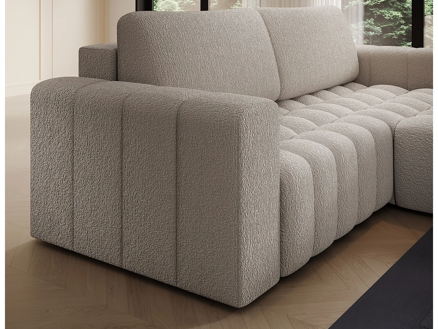 Canapé d’angle convertible BOZEN en tissu bouclette capitonné avec coffre – 250cm-Beige-angle droit
