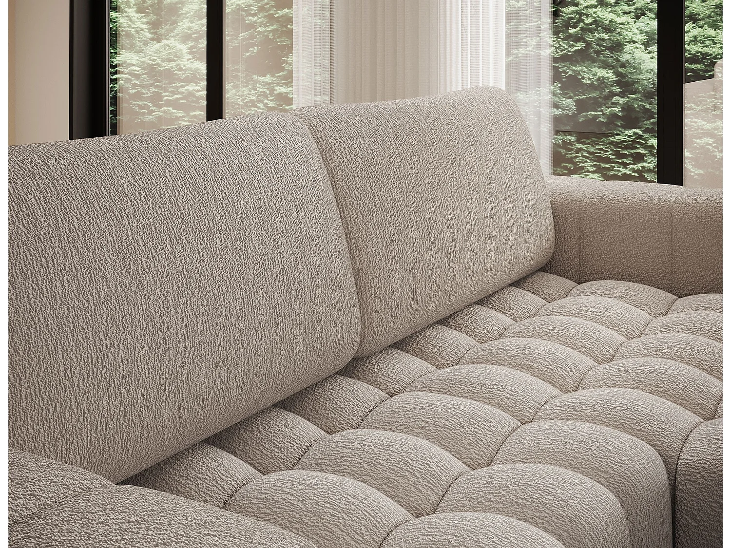 Canapé d’angle convertible BOZEN en tissu bouclette capitonné avec coffre – 250cm-Beige-angle droit