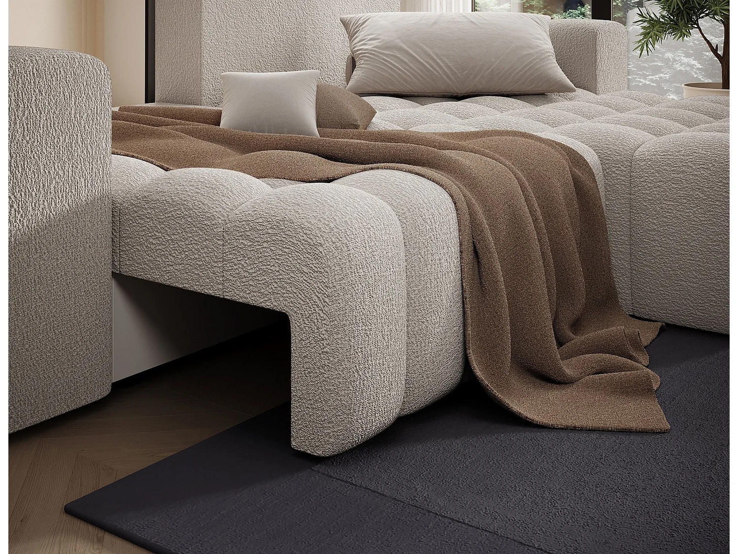 Canapé d’angle convertible BOZEN en tissu bouclette capitonné avec coffre – 250cm-Beige-angle droit