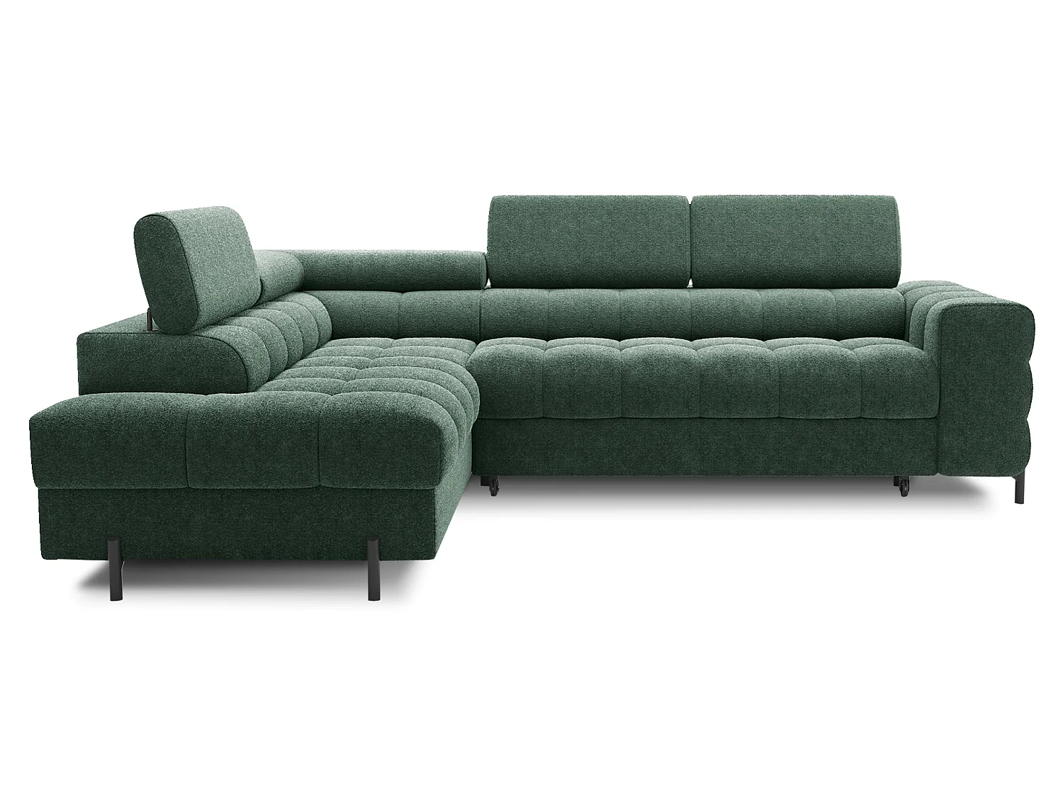 Canapé d’angle convertible LUCCINO en tissu avec coffre, têtières réglables et pieds en métal noir – 276cm-Vert-angle gauche