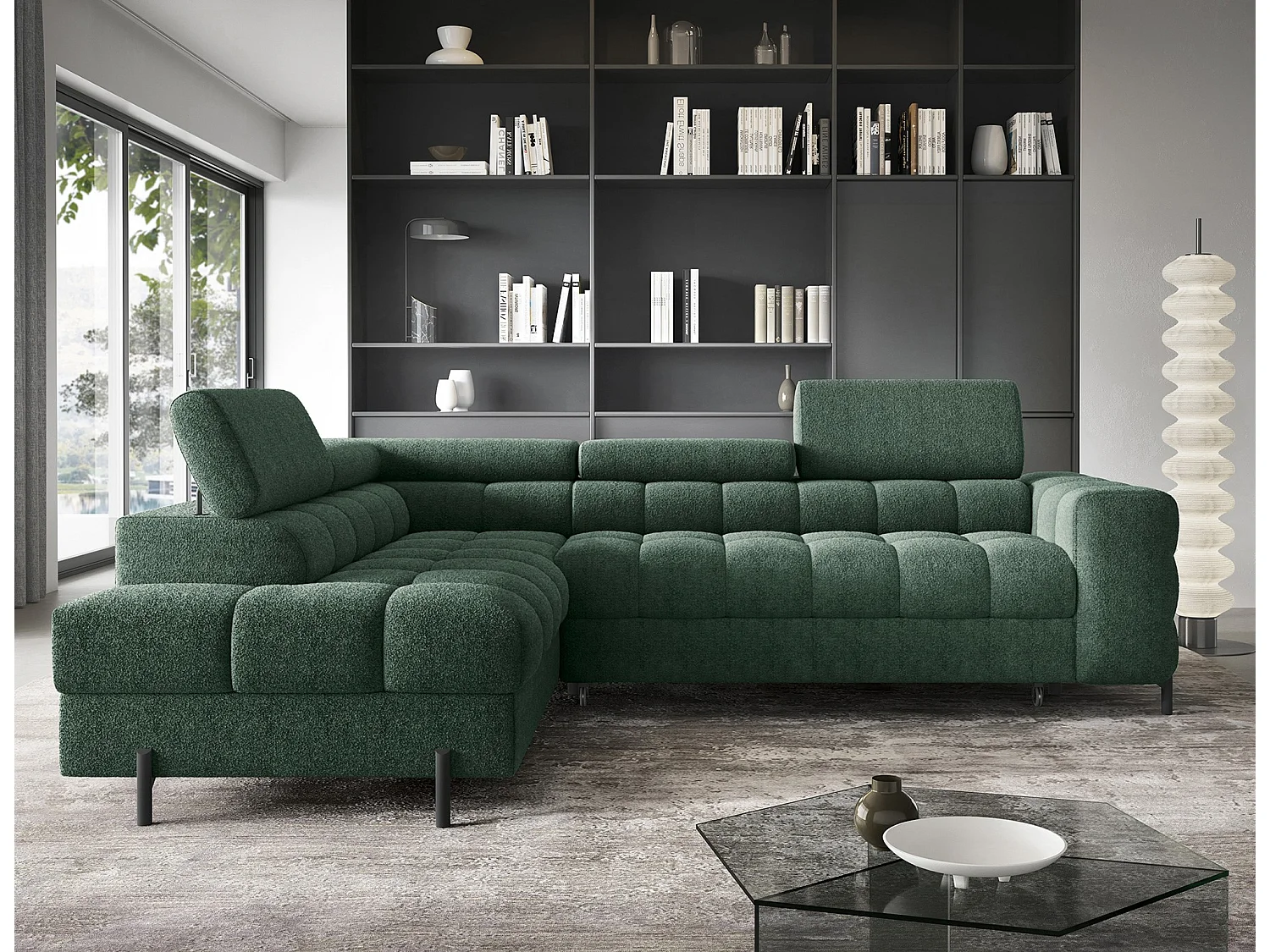 Canapé d’angle convertible LUCCINO en tissu avec coffre, têtières réglables et pieds en métal noir – 276cm-Vert-angle gauche