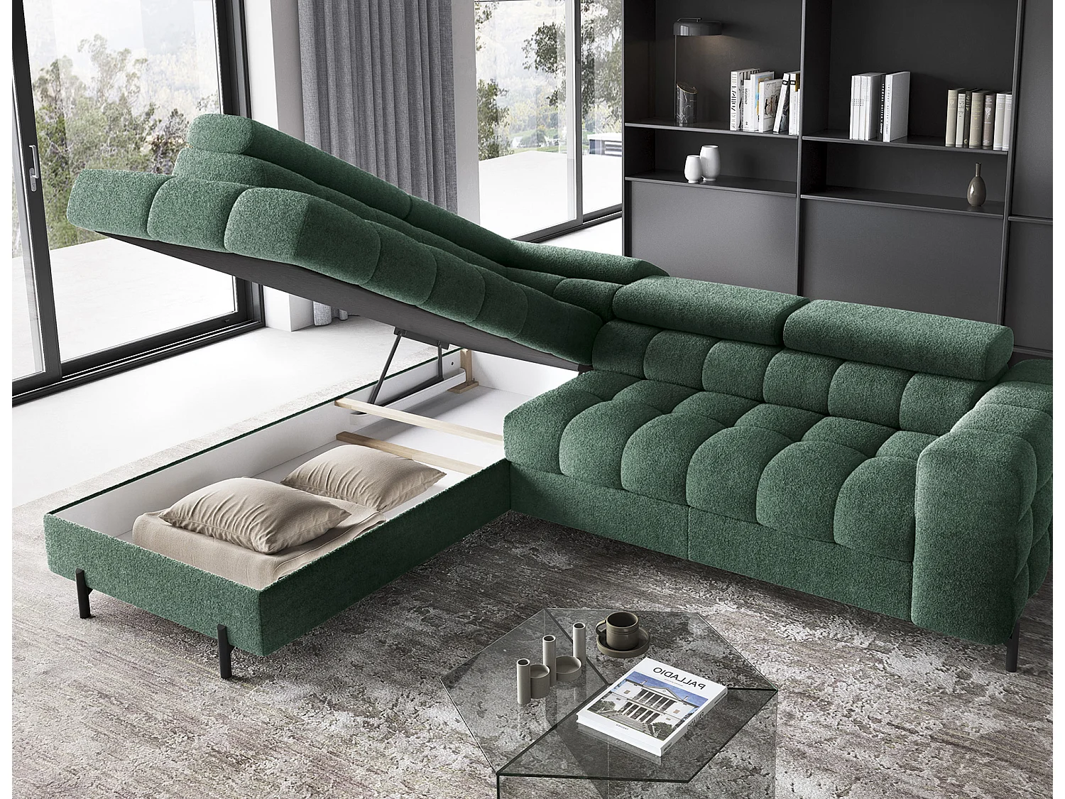 Canapé d’angle convertible LUCCINO en tissu avec coffre, têtières réglables et pieds en métal noir – 276cm-Vert-angle gauche