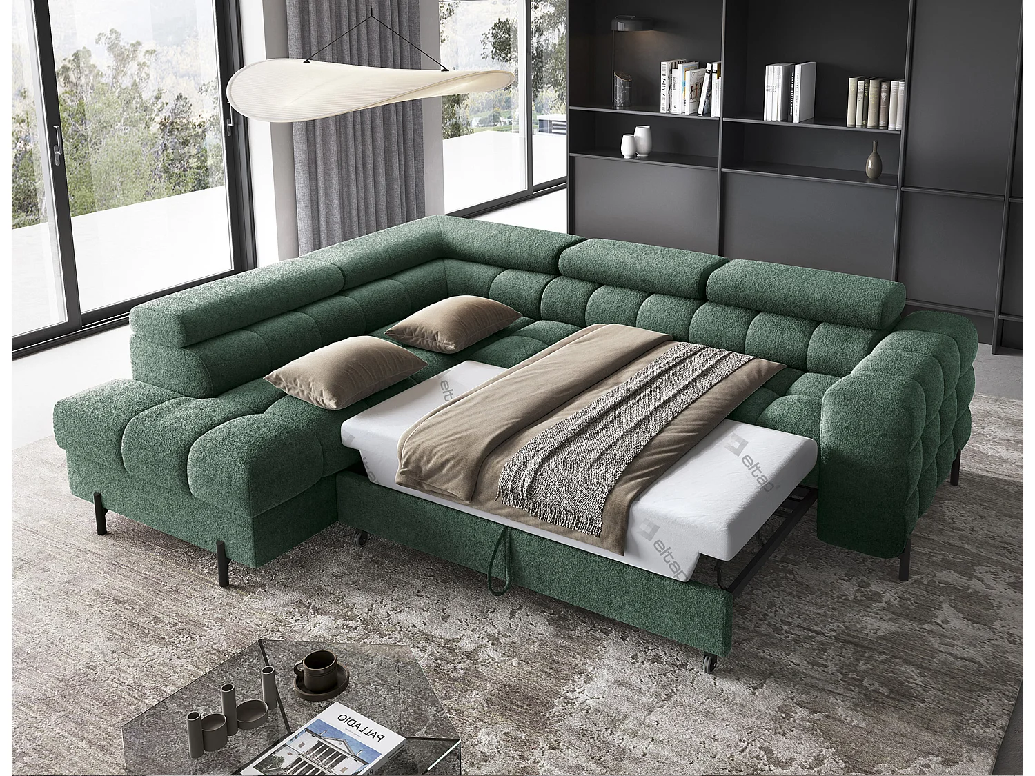 Canapé d’angle convertible LUCCINO en tissu avec coffre, têtières réglables et pieds en métal noir – 276cm-Vert-angle gauche