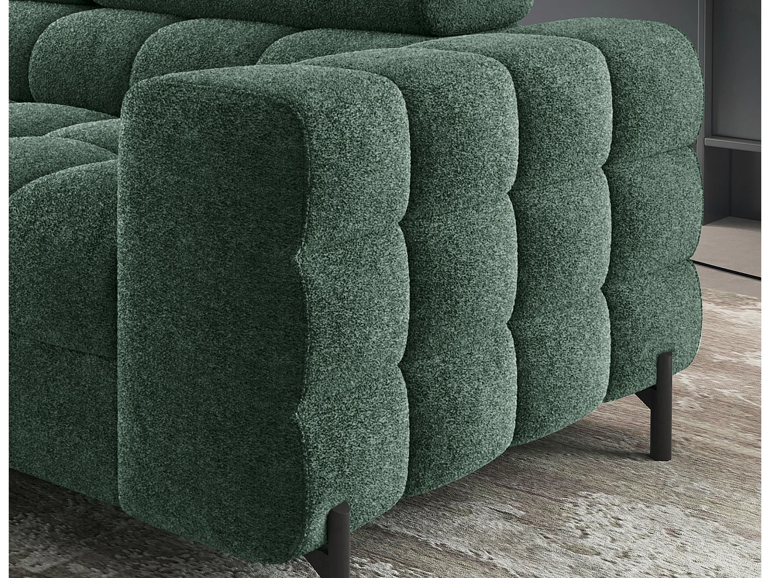 Canapé d’angle convertible LUCCINO en tissu avec coffre, têtières réglables et pieds en métal noir – 276cm-Vert-angle gauche