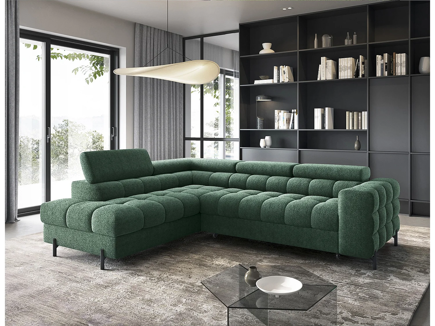 Canapé d’angle convertible LUCCINO en tissu avec coffre, têtières réglables et pieds en métal noir – 276cm-Vert-angle gauche